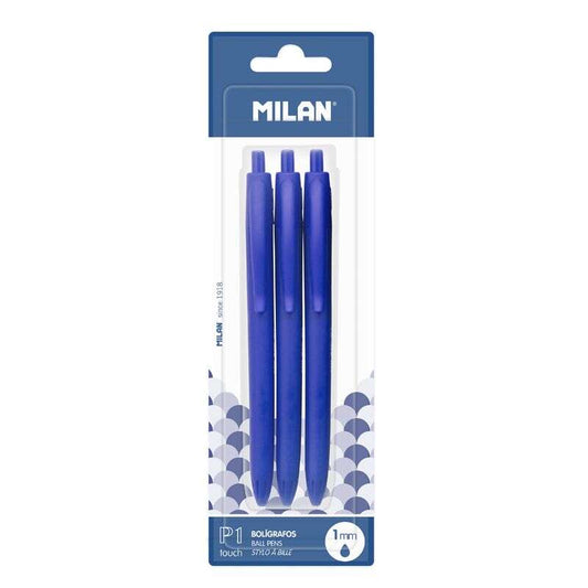 Milan P1 Touch Pack de 3 Boligrafos de Bola Retractiles - Punta Redonda 1mm - Tinta con Base de Acei