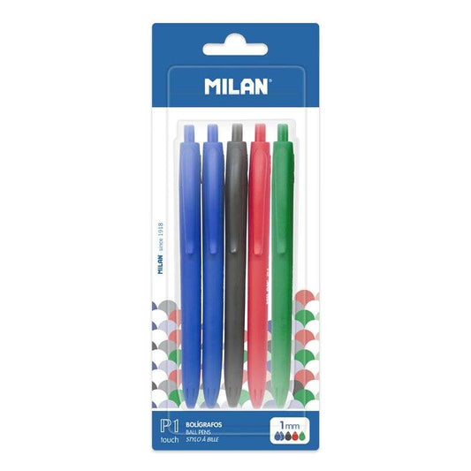 Milan P1 Touch Pack de 5 Boligrafos de Bola Retractiles - Punta Redonda 1mm - Tinta con Base de Acei
