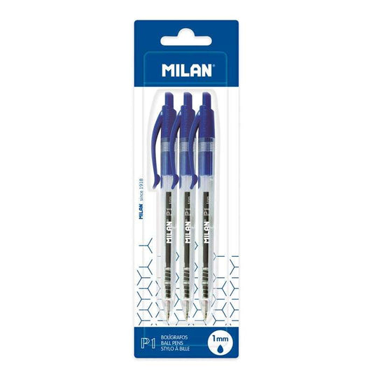 Milan P1 Pack de 3 Boligrafos de Bola Retractiles - Punta Redonda 1mm - Cuerpo Transparente - Color