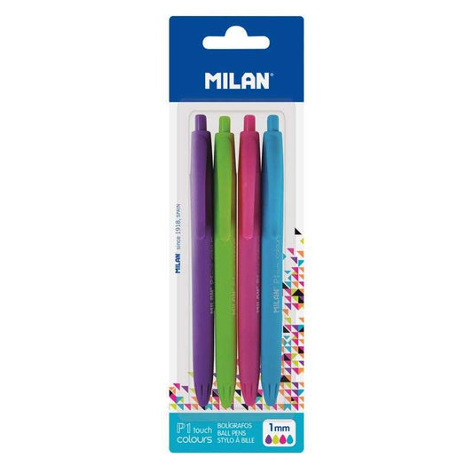 Milan P1 Touch Colours Pack de 4 Boligrafos de Bola Retractiles - Punta Redonda 1mm - Tinta con Base