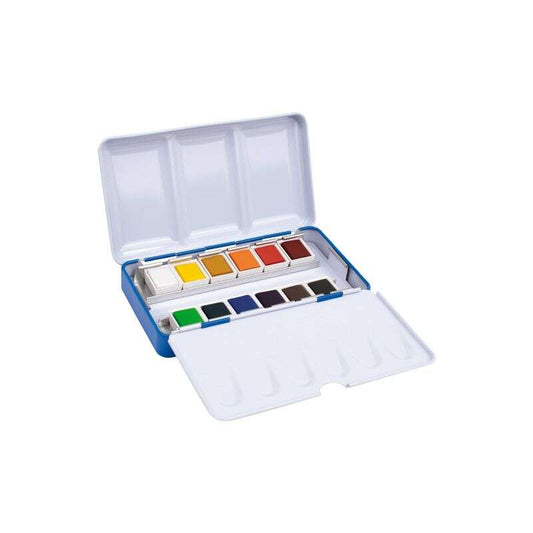 Milan Art Estuche Metalico de 12 Acuarelas Medio Godet - Opacos y Resistentes a la Luz - Mezclables - Bandeja Abatible - Colores Surtidos