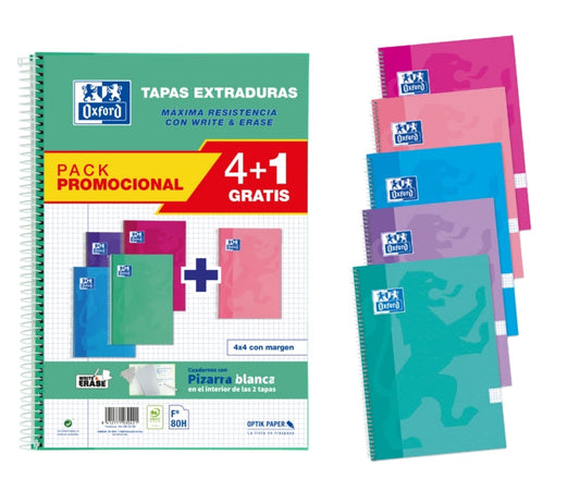 Oxford School Classic Write&Erase Pack 4+1 Fº - Cuaderno Espiral - Tapa Extradura - 4x4 con Margen - 80 Hojas - Colores Surtidos