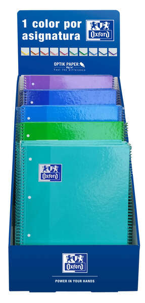 Oxford Europeanbook 1 Classic Expositor con 25 Cuadernos Espiral A4+ 80 Hojas Cuadicula 5x5 Microperforado - Tapa Extradura - Colores Frios Surtidos