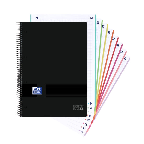 Oxford Europeanbook 8 Live & Go Cuaderno Espiral A4+ 160 Hojas Cuadricula 5x5 - 8 Bandas de Color - Tapa de Plastico Resistente - Color Negro - Cantidad: 5