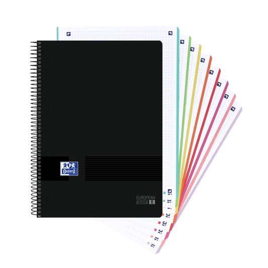 Oxford Europeanbook 8 Live & Go Cuaderno Espiral A4+ 160 Hojas Cuadricula 5x5 - 8 Bandas de Color - Tapa de Plastico Resistente - Color Negro - Cantidad: 5