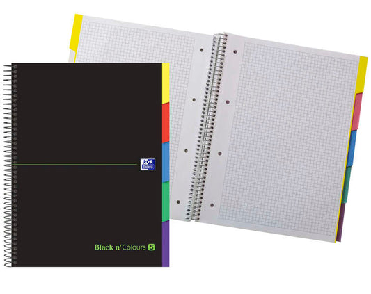 Oxford Black N'Colours Europeanbook A4+ - Tapa Extradura Resistente - 100 Hojas con Diseño 5x5 - Pestañas Troqueladas - Ideal para Organizar y Destacar - Cantidad: 5