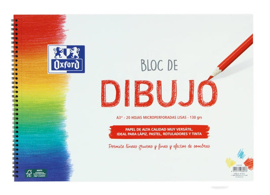Oxford Dibujo Escolar Bloc Espiral A3+ - Tapa Blanda/Contratapa Rigida - 20 Hojas 130gr Liso - Cantidad: 5