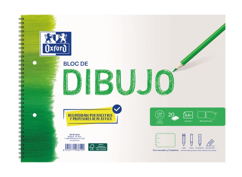 Oxford Dibujo Escolar Bloc Espiral Dibujo A4+ - Tapa Blanda/Contratapa Rigida - 20 Hojas 130gr - con Recuadro y 2 Taladros - Cantidad: 5