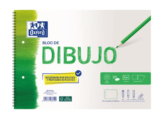Oxford Dibujo Escolar Bloc Espiral Dibujo A4+ - Tapa Blanda/Contratapa Rigida - 20 Hojas 130gr - con Recuadro y 2 Taladros - Cantidad: 5
