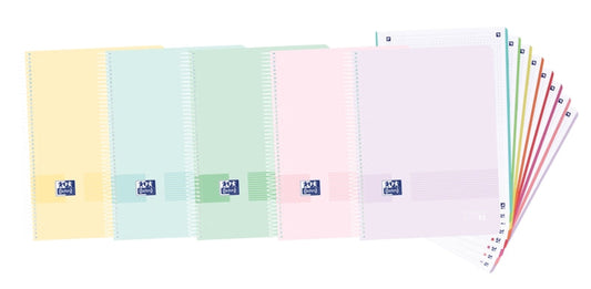 Oxford Europeanbook 8 Live & Go Pack de 5 Cuadernos Espiral Formato A4+ Cuadriculado 5x5mm - 160 Hojas Microperforadas con 4 Taladros - Tapa de Plastico - 8 Bandas de Color - Colores Pastel Surtidos - Cantidad: 5
