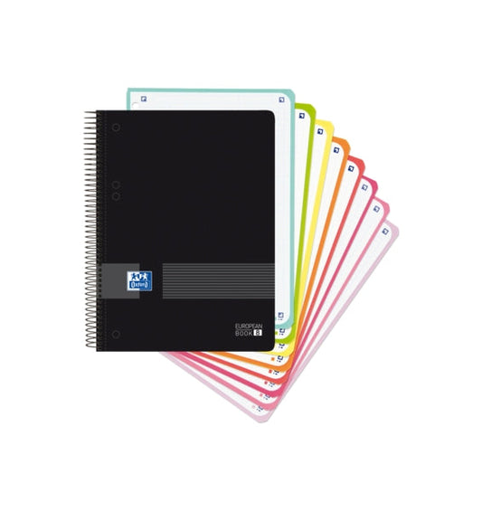 Oxford Europeanbook 8 Live & Go Cuaderno Espiral A5+ 160 Hojas Cuadricula 5x5 - 8 Bandas de Color - Tapa de Plastico Resistente - Color Negro - Cantidad: 4