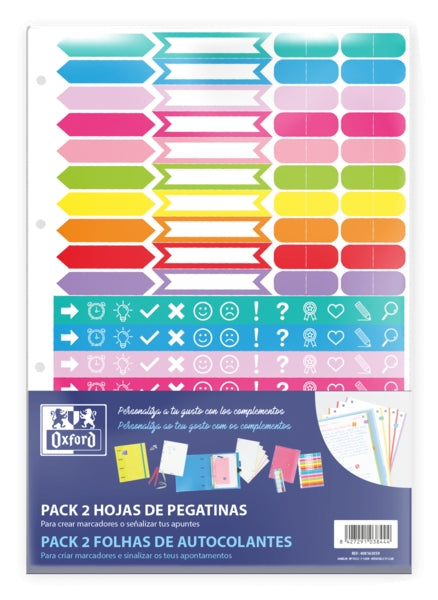 Oxford Pack de 2 Hojas de Stickers - Diseño Variado - Adhesivo de Alta Calidad - Ideal para Decorar Cuadernos - Cantidad: 10