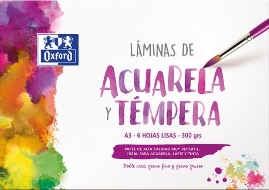Oxford Pintura Escolar - Sobre de Laminas de Acuarela y Tempera A3 - 6 Hojas de 300gr - Papel Liso de Alta Calidad - Cantidad: 5