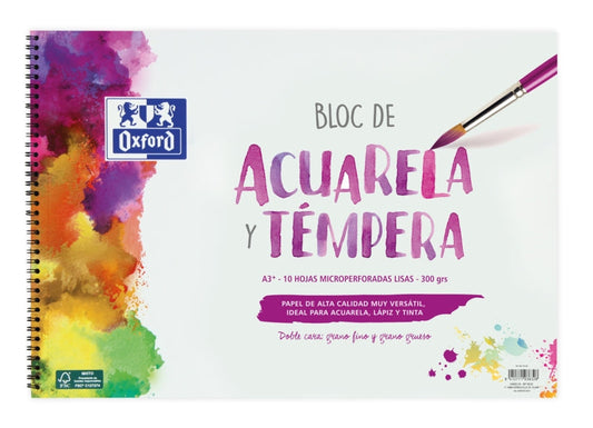 Oxford Pintura Escolar Bloc Espiral Acuarela y Tempera A3+ - Tapa Blanda/Contratapa Rigida - 10 Hojas - 300gr Liso - Cantidad: 5