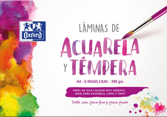 Oxford Pintura Escolar Sobre de Laminas de Acuarela y Tempera A4 - 6 Hojas de 300gr - Ideal para Proyectos Escolares - Superficie Lisa para un Acabado Profesional - Cantidad: 5