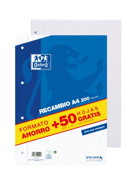 Oxford School Classic A4 Recambio - Paquete 4x4 con Margen - 200 Hojas + 50 Hojas Gratis - Cantidad: 10