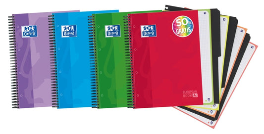 Oxford School Classic Europeanbook 4 Cuaderno Doble Espiral A4+ Cuadricula 5x5 - 120 Hojas Microperforadas 4 Taladros - Tapa Extradura Resistente - Incluye 3 Separadores - Colores Surtidos - Cantidad: 5