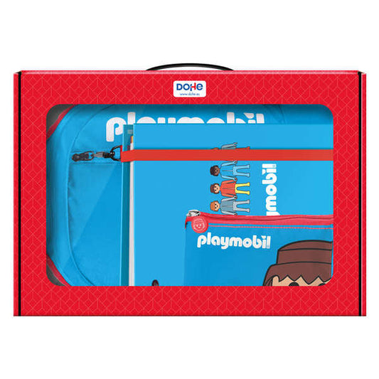 Dohe Pack Mochila, Carpeta y Portatodo Playmobil - Maletin Regalo 365x515x105mm - Carpeta A4 Recambio - Mochila 3 Compartimentos Grande - Portatodo Triple