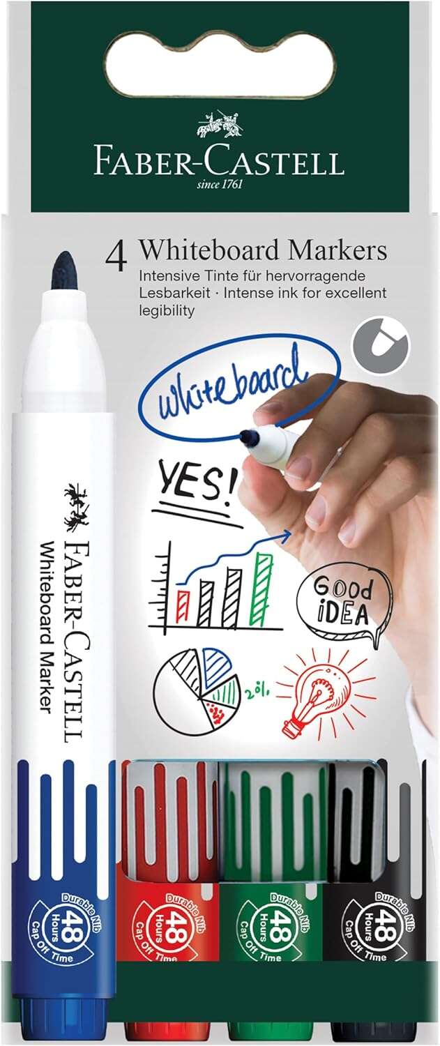 Faber-Castell W20 Pack de 4 Rotuladores para Pizarra Blanca - Punta de Bala - Ancho de Linea 2,25mm
