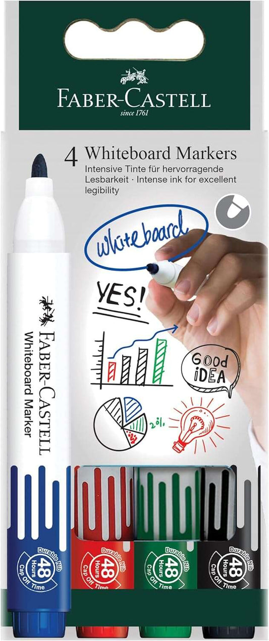 Faber-Castell W20 Pack de 4 Rotuladores para Pizarra Blanca - Punta de Bala - Ancho de Linea 2,25mm