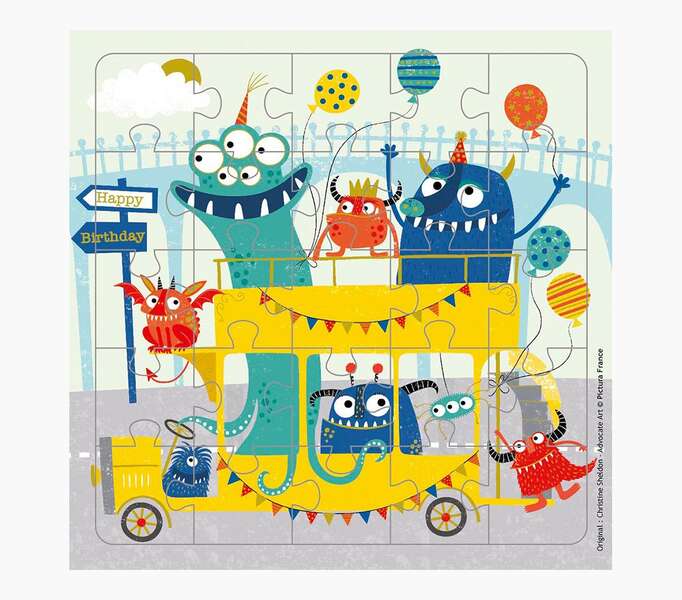 Pictura Tarjeta Puzzle Monstruos de 25 Piezas + Tarjeta Plegada - Troquelado - 15.5x15.5cm - Incluye Sobre Blanco y Envoltorio de Celofan - Papel con Certificacion FSC