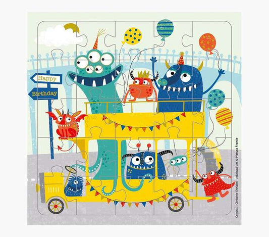 Pictura Tarjeta Puzzle Monstruos de 25 Piezas + Tarjeta Plegada - Troquelado - 15.5x15.5cm - Incluye Sobre Blanco y Envoltorio de Celofan - Papel con Certificacion FSC