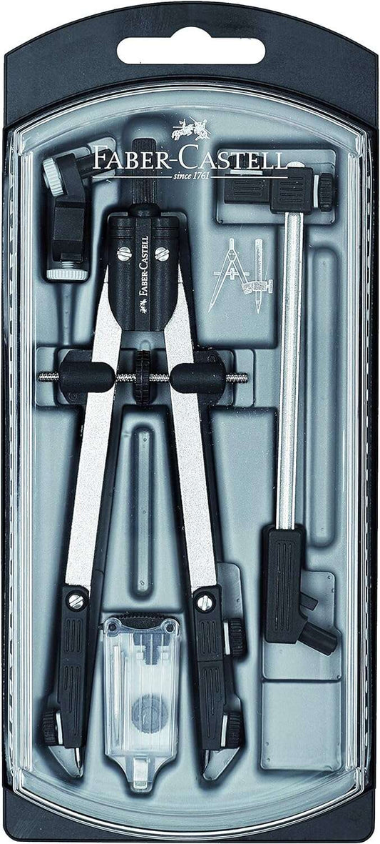 Faber-Castell Compas de Ajuste Rapido con Alargadera - Articulaciones en ambos Brazos - Accesorios de Recambio - Adaptador Universal