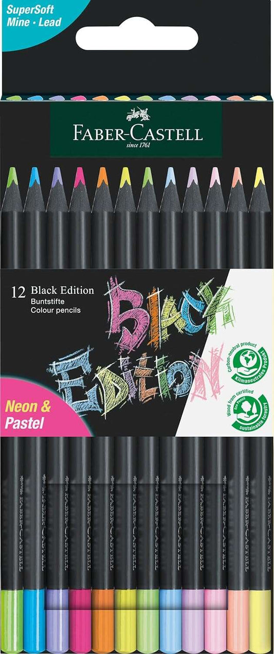 Faber-Castell Black Edition Pack de 12 Lapices de Colores Neon+Pastel - Mina Supersuave - Madera Neg