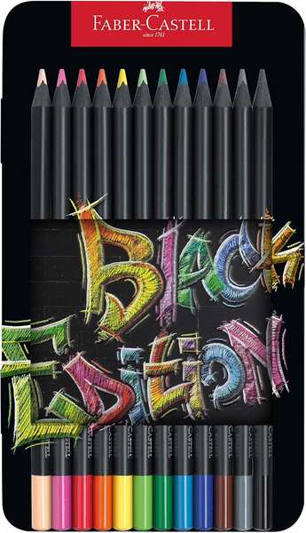 Faber-Castell Black Edition Caja Metalica de 12 Lapices de Colores - Mina Supersuave - Madera Negra