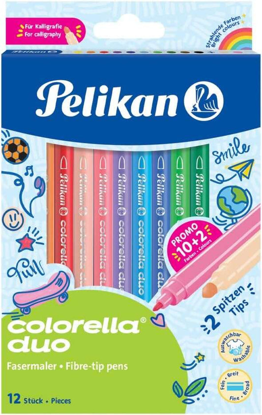 Pelikan Caja de 12 Rotuladores Escolares Colorella Duo C407 10+2 Colores - Doble Punta Fina 1mm y Gr