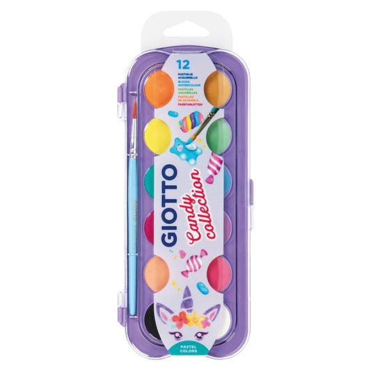 Giotto Candy Collection Estuche de 12 Acuarelas de 30mm + Pincel - Colores Brillantes, Intensos y Vi