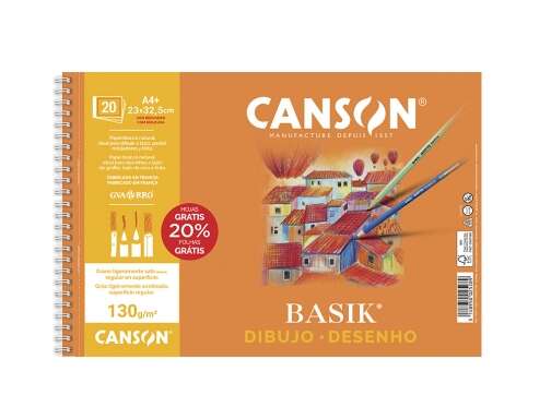 Canson Basik Cuaderno de Dibujo A4+ 20 Hojas Microperforadas 130g/m² - Sin Recuadro - Medidas 23x32.5cm - Color Blanco