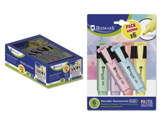 Bismark Pack de 6 Rotuladores Fluorescente Pastel - Tinta de Secado Rapido - Punta Biselada - Ideal