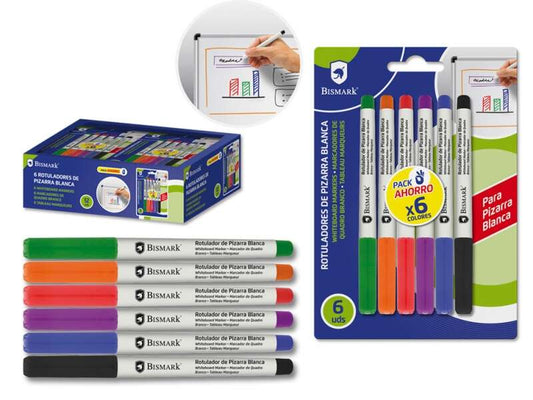 Bismark Pack de 6 Rotuladores para Pizarra Blanca - Punta Fina - Tinta de Secado Rapido - Borrado Fa