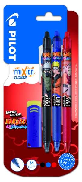 Pilot Frixion Clicker Naruto Shippuden Pack de 3 Boligrafos de Gel Retractil Borrable + Borrador - P