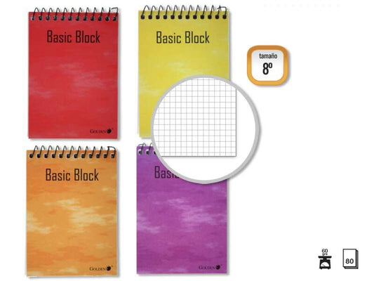 Golden Cuaderno Espiral Superior 8º Apaisado (153x102mm) 80 Hojas 60gr Cuadricula 4x4 - Tapa Plastificada - Margen Remarcado - Colores Surtidos - Cantidad: 10