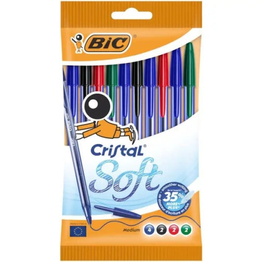 Bic Cristal Soft Pack de 10 Boligrafos de Bola - Punta Media de 1.2mm - Trazo 0.45mm - Escritura mas