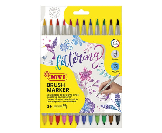Jovi Brush Marker Pack de 12 Rotuladores Doble Punta - Punta Pincel 4,5mm y Punta Rigida 2,5mm - Tin