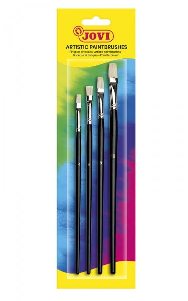 Jovi Artistic Paintbrushes Blister con 4 Pinceles Planos - Pelo Natural - Mango de Madera - Punta Pl