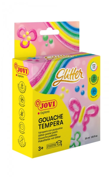 Jovi Glitter Gouache Estuche de 4 Botes de Tempera 35ml - Tempera Liquida Base Agua - Particulas de Purpurina - Excelente Rendimiento - Secado Rapido - Facil Aplicacion  - Color Surtido