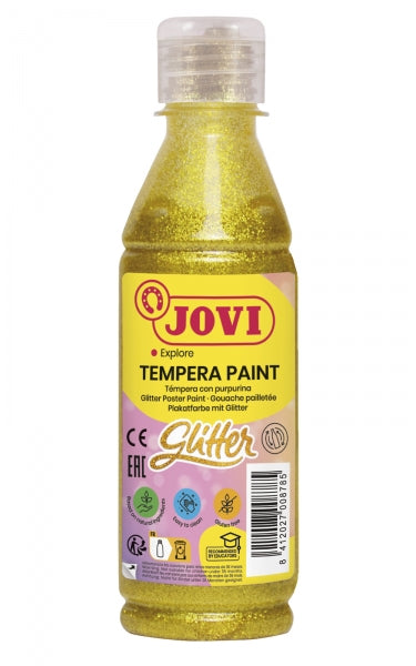 Jovi Glitter Tempera Liquida Base Agua 250ml - Particulas de Purpurina - Excelente Rendimiento - Secado Rapido - Fluidez Optima - Adherencia en Multiples Superficies - Color Amarillo