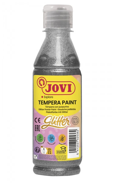 Jovi Glitter Tempera Liquida Base Agua 250ml - Particulas de Purpurina - Excelente Rendimiento - Secado Rapido - Fluidez Optima - Adherencia en Multiples Superficies - Color Plata