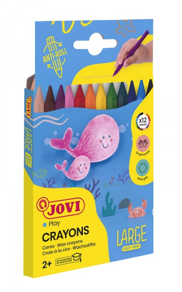 Jovi Large Easy Grip Pack de 12 Ceras Plasticas Hexagonales - Facil de Sacar Punta - No Mancha - Ide