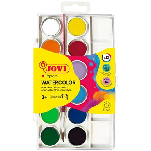 Jovi Pack de 12 Acuarelas en Pastilla + Pincel - Brillantes - Facilmente Mezclables - Colores Surtid