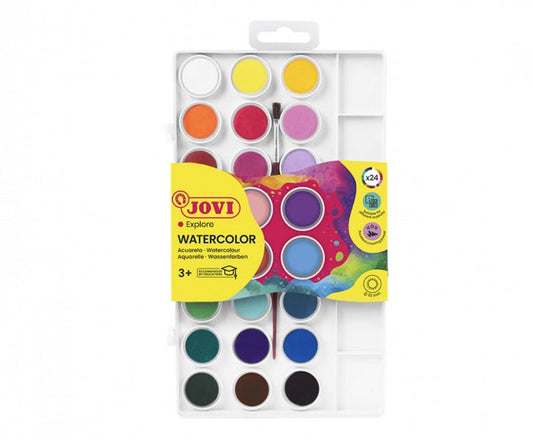 Jovi Pack de 24 Acuarelas en Pastilla + Pincel - Brillantes - Facilmente Mezclables - Colores Surtid