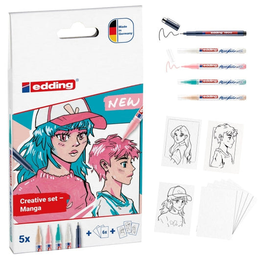 Edding Set Acrilico Manga Pack de 4 Rotuladores 5300 + 1 Rotulador 1800 + 6 Tarjetas en Blanco + 3 P