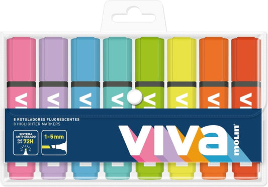 Molin Viva Pack de 8 Marcadores Fluorescentes - Trazo entre 1 y 5mm - Tinta con Base de Agua - Color