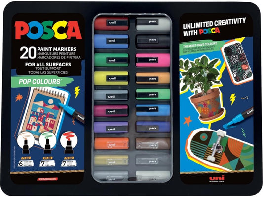 Posca Pop Colours Maleta Metalica con 20 Marcadores de Pintura - Surtido en Color y Trazo - Punta de Poliester - Tinta Pigmentada Base Agua - Resistente a la Luz - Colores Surtidos