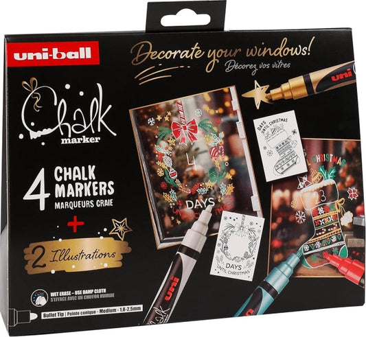 Uni-ball Chalk Colores Navidad Pack de 4 Marcadores de Tiza Liquida + Posters - Punta Conica 1.8-2.5