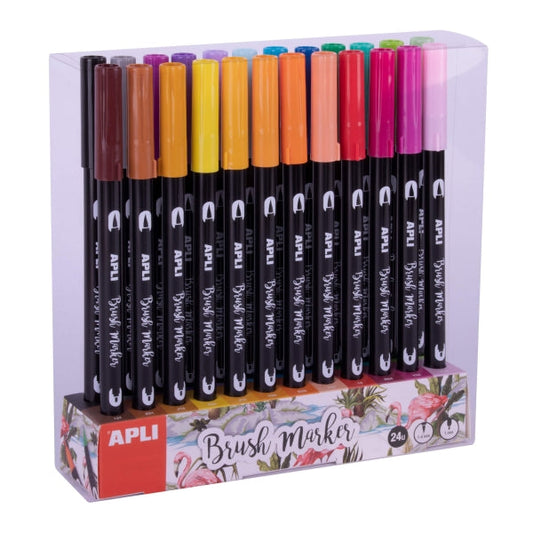 Apli Brush Marker Pack de 24 Rotuladores Acuarelables de Doble Punta - Punta Pincel de 1-4mm y Punta